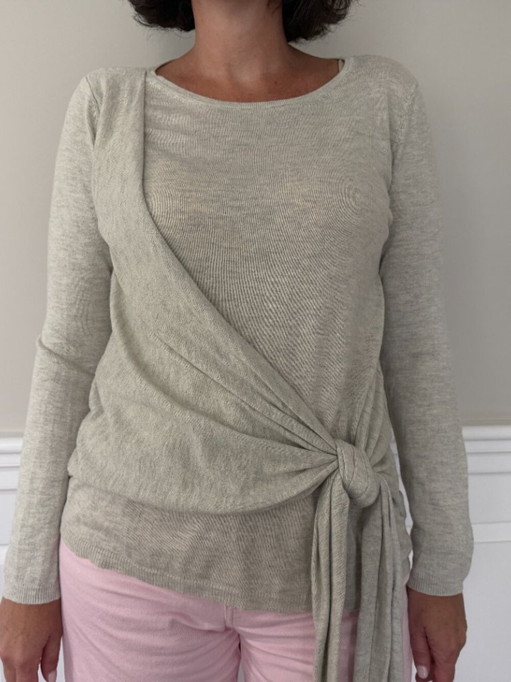 New Day Cream/Gray Tie-Front Wrap Sweater | Long Sleeve | Draped Knit Top